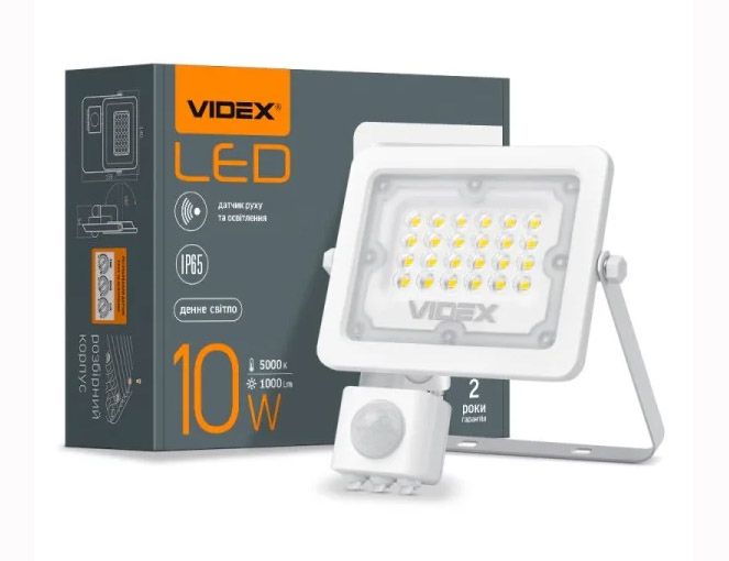 Прожектор LED VIDEX 10W 5000K 220V білий з датчиком руху та освітленості  VL-F2e105W-S (VL-F2e105W-S)