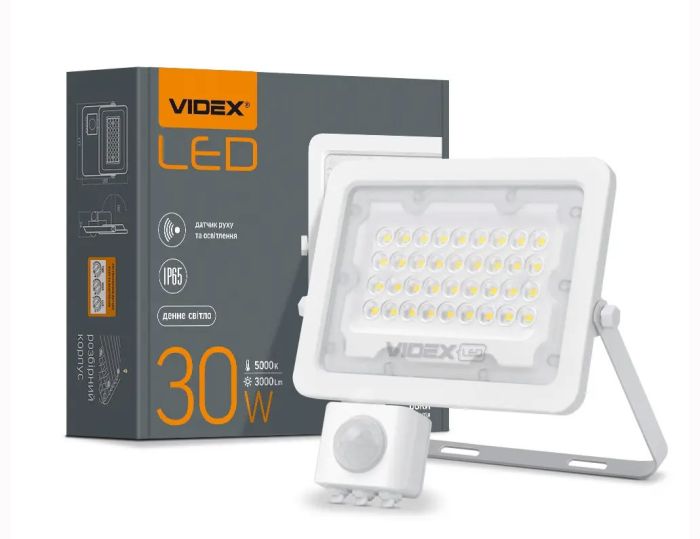 Прожектор LED VIDEX 30W 5000K 220V білий з датчиком руху та освітленості  (VL-F2e305W-S) (VL-F2e305W-S)